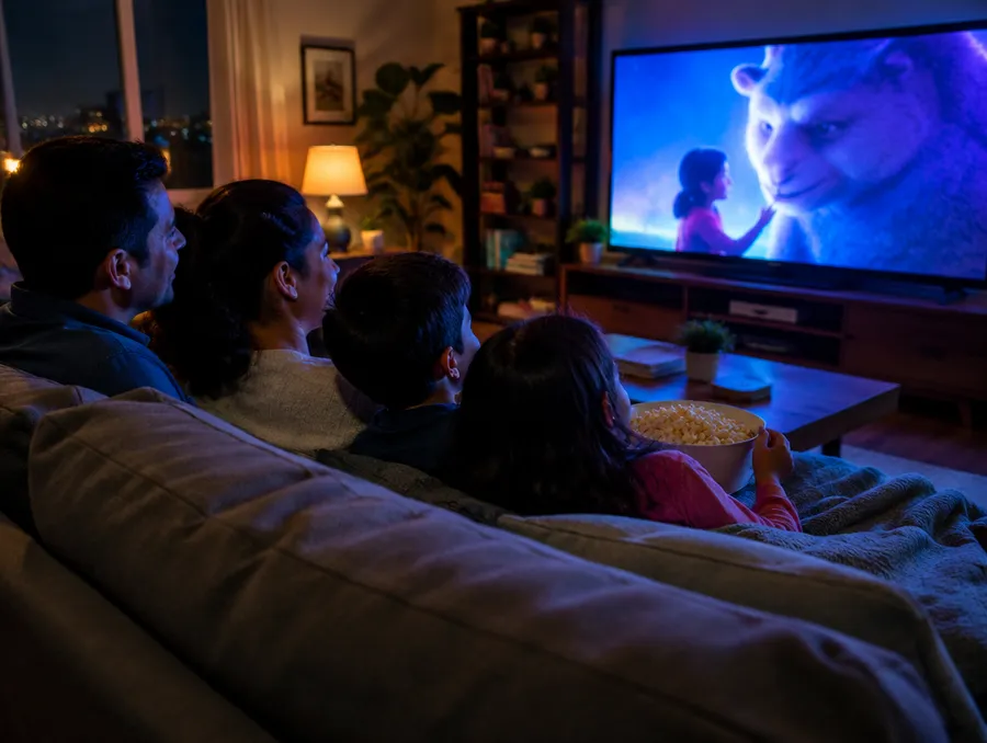 Familia viendo una película en streaming en el televisor de su casa