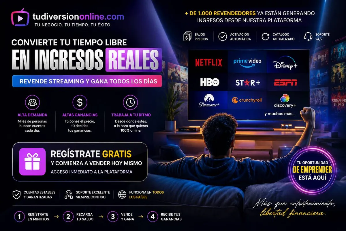 Banner oficial de Tu Diversión Online: revende streaming y gana todos los días