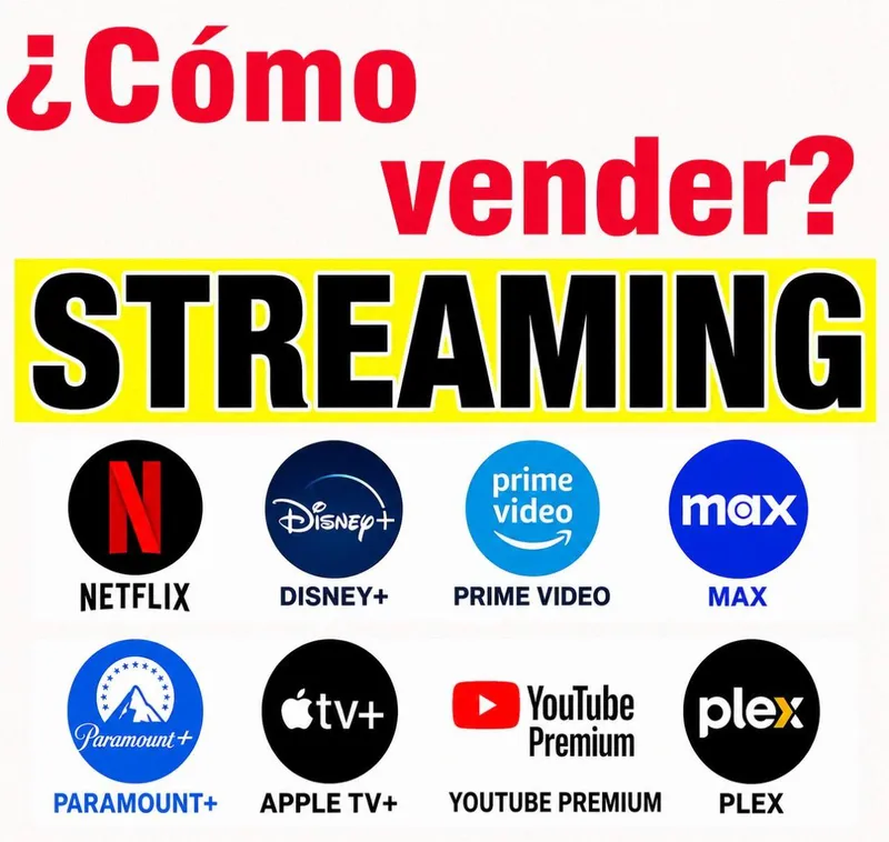 Plataformas de streaming para vender: Netflix, Disney+, Prime Video, Max, Paramount+, Apple TV+, YouTube Premium y Plex