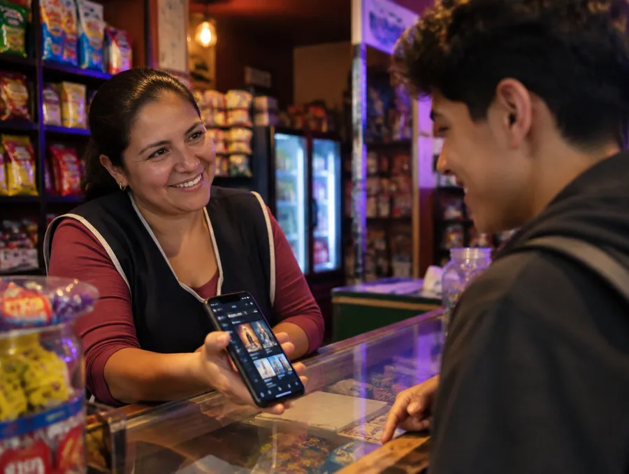 Punto de venta: tendera vendiendo una cuenta de streaming a un cliente en su tienda de barrio
